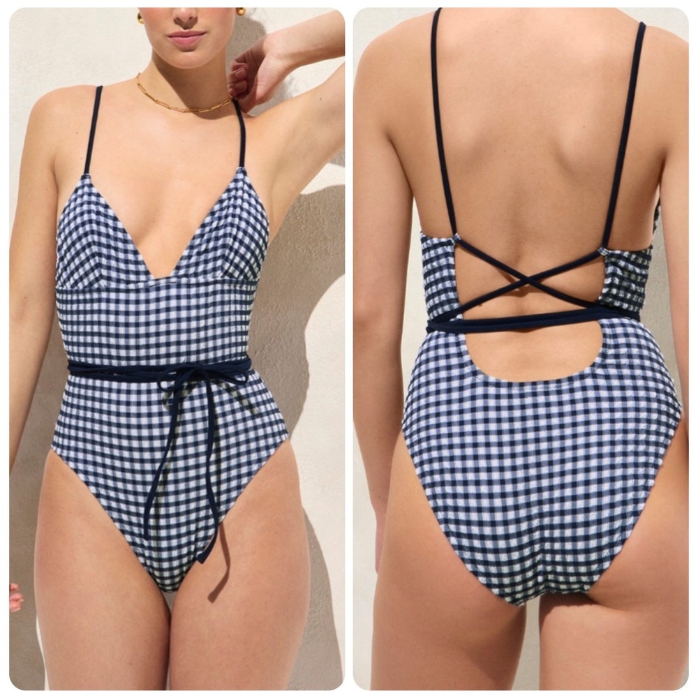 J. Crew Strappy‎ Gingham Navy One Piece Swimsuit Women's Size 16 NEW retro style